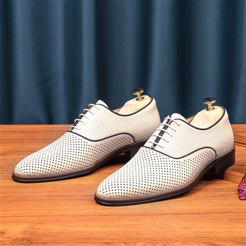 Męskie Buty Wizytowe Eleganckie Sznurowane Ślubne Ze Szpiczastymi Noskami - Biały
