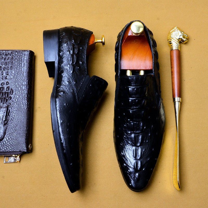 Męskie Buty Wizytowe Eleganckie Ze Skóry Krokodyla Szpiczastymi Noskami - Czarny