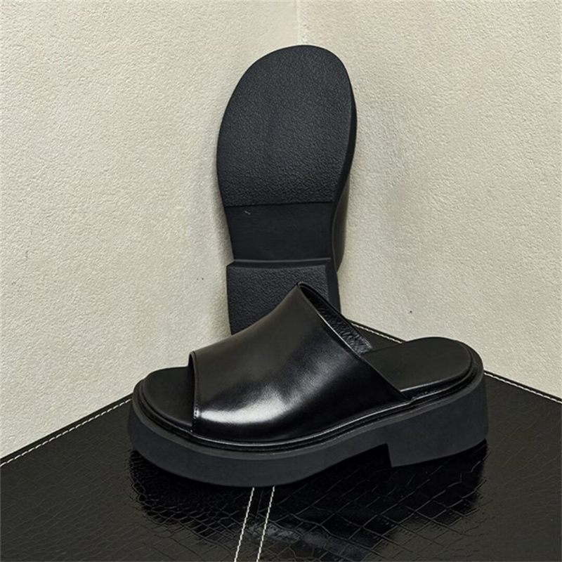 Męskie Buty Wizytowe Klasyczne Skórzane Kapcie Z Okrągłymi Noskami - Czarny