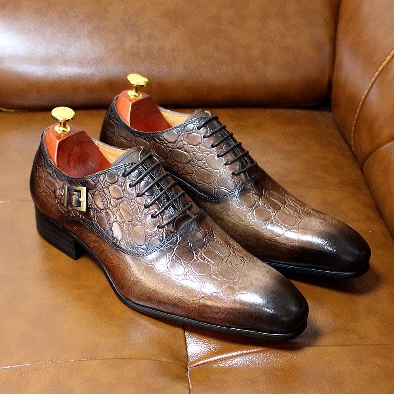 Męskie Buty Wizytowe Luksusowe Oxford Ze Szpiczastą Skórą Krokodyla - Kawa