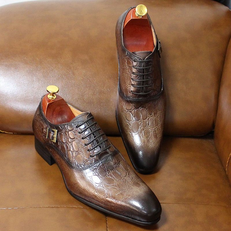 Męskie Buty Wizytowe Luksusowe Oxford Ze Szpiczastą Skórą Krokodyla - Kawa