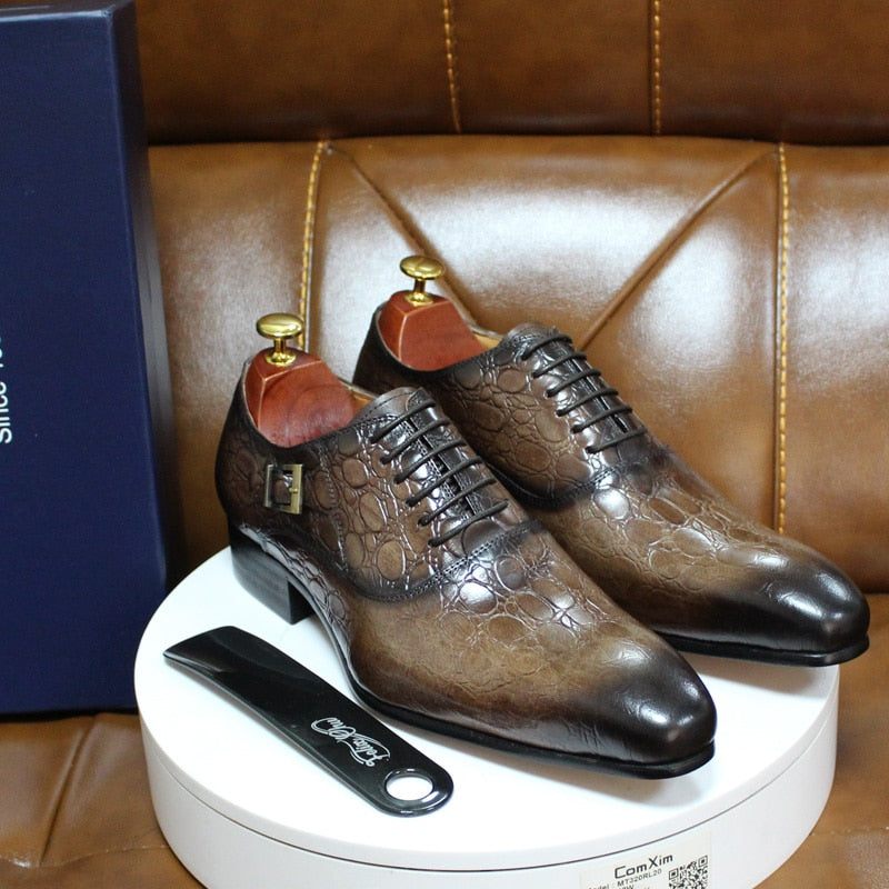 Męskie Buty Wizytowe Luksusowe Oxford Ze Szpiczastą Skórą Krokodyla - Kawa