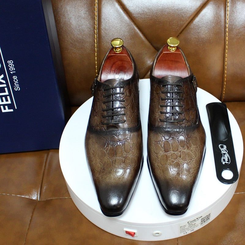 Męskie Buty Wizytowe Luksusowe Oxford Ze Szpiczastą Skórą Krokodyla - Kawa
