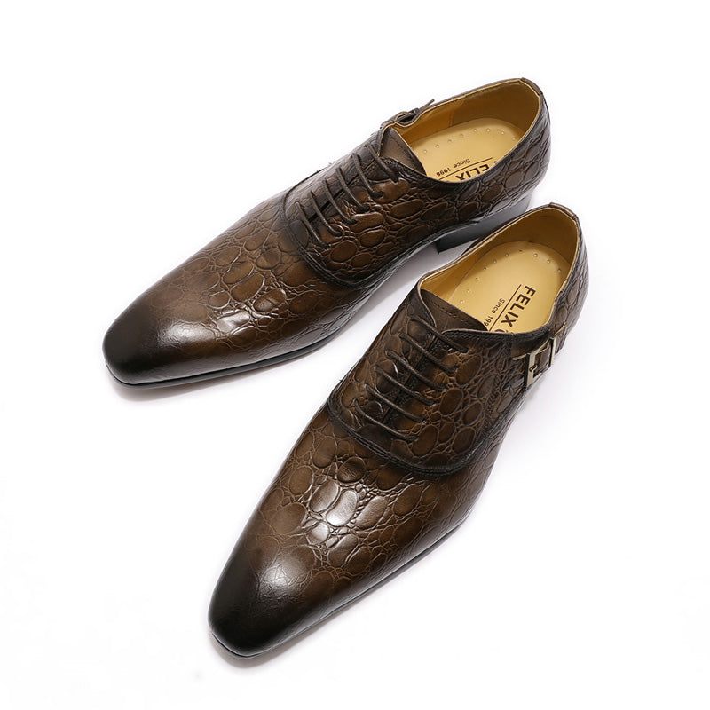 Męskie Buty Wizytowe Luksusowe Oxford Ze Szpiczastą Skórą Krokodyla - Kawa