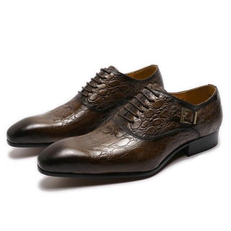 Męskie Buty Wizytowe Luksusowe Oxford Ze Szpiczastą Skórą Krokodyla - Kawa