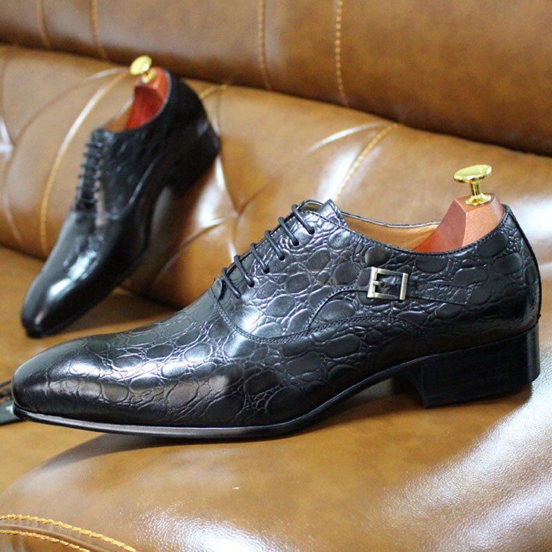 Męskie Buty Wizytowe Luksusowe Oxford Ze Szpiczastą Skórą Krokodyla - Czarna