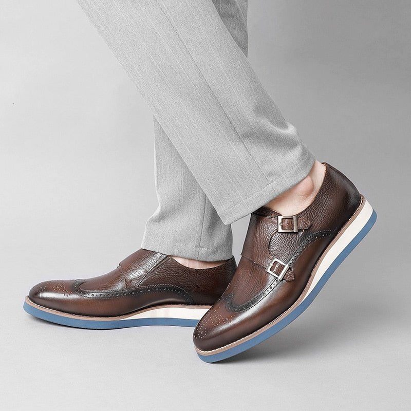 Męskie Buty Wizytowe Mokasyny Na Platformie Z Egzotyczną Teksturą Wingtip - Kawa
