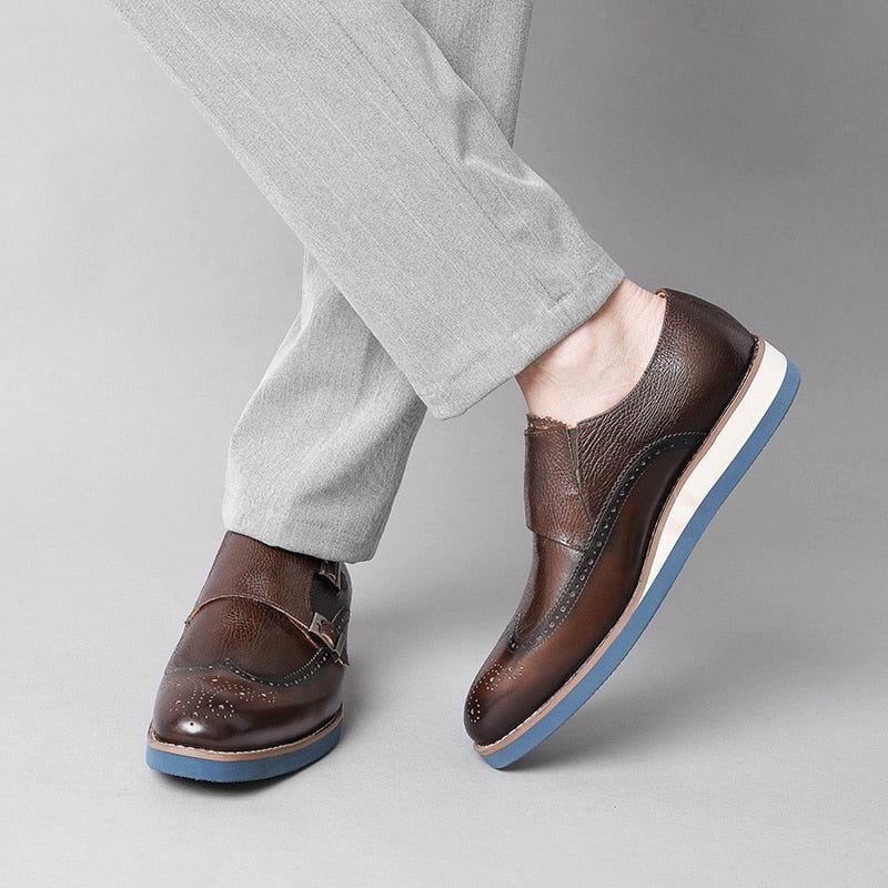 Męskie Buty Wizytowe Mokasyny Na Platformie Z Egzotyczną Teksturą Wingtip - Kawa