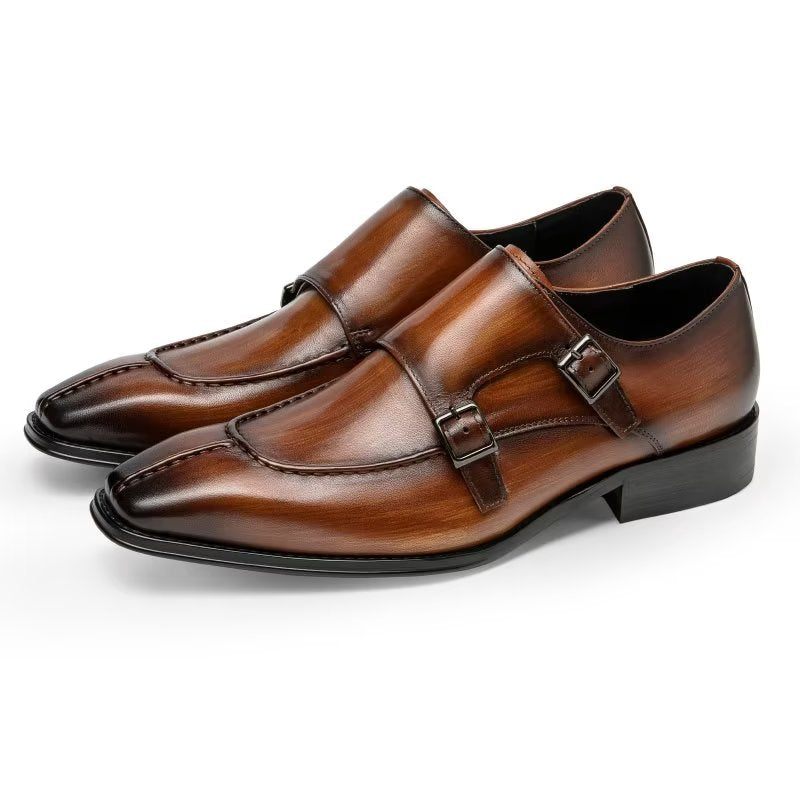 Męskie Buty Wizytowe Monkstrap Eleganckie Ze Skóry Bydlęcej - Kawa