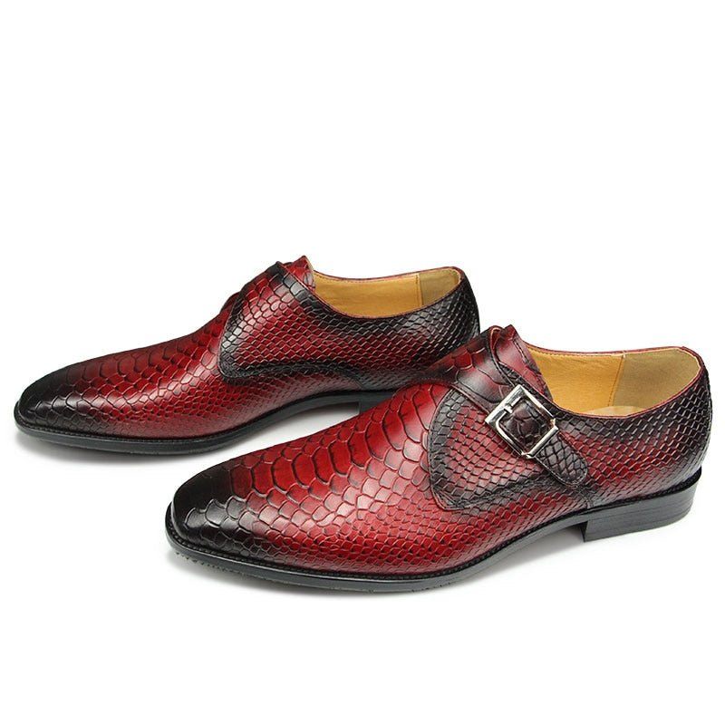 Męskie Buty Wizytowe Z Teksturą Krokodyla I Szpiczastymi Noskami Monkstrap - Czerwony