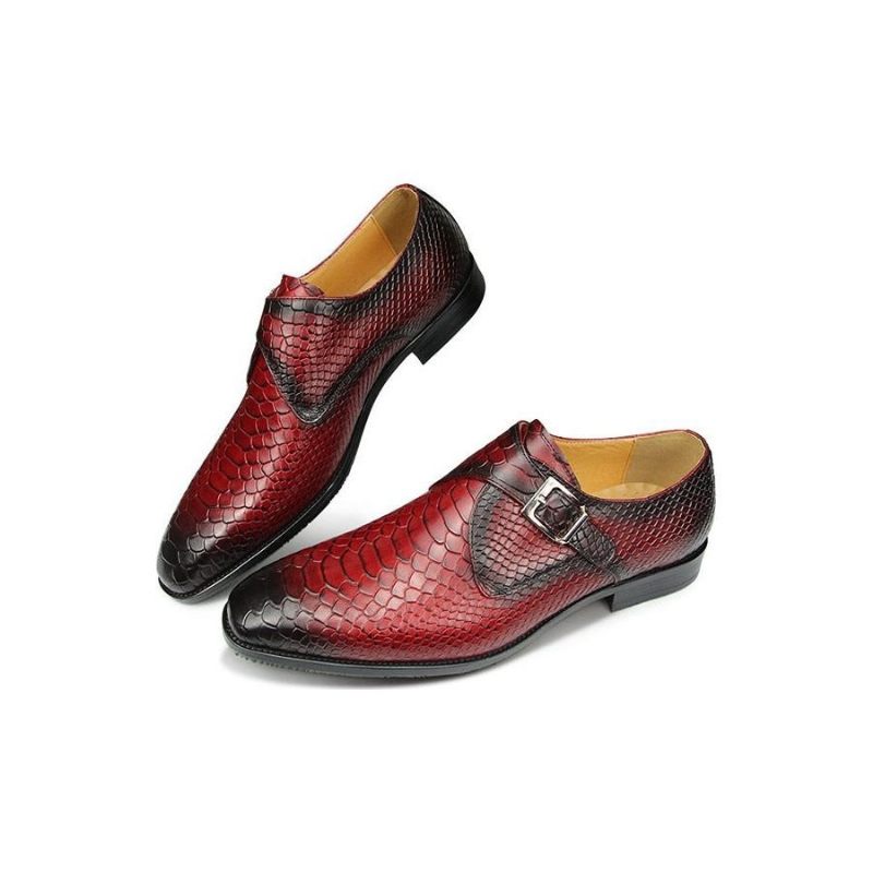 Męskie Buty Wizytowe Z Teksturą Krokodyla I Szpiczastymi Noskami Monkstrap - Czerwony
