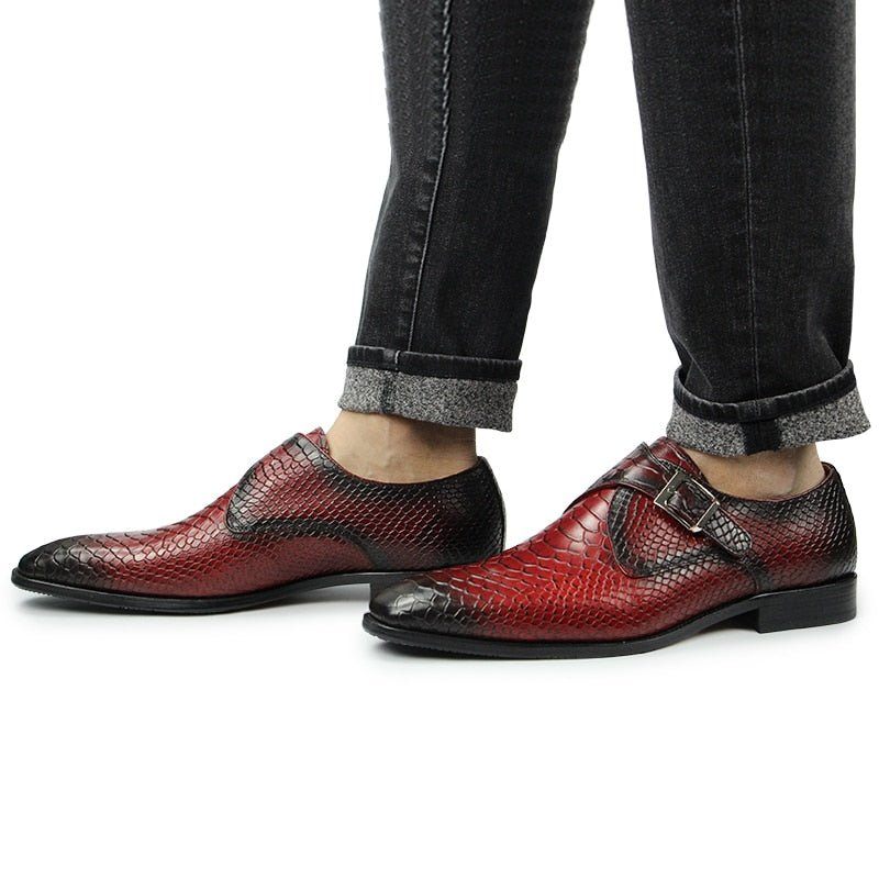 Męskie Buty Wizytowe Z Teksturą Krokodyla I Szpiczastymi Noskami Monkstrap - Czerwony