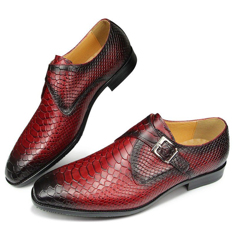 Męskie Buty Wizytowe Z Teksturą Krokodyla I Szpiczastymi Noskami Monkstrap - Czerwony