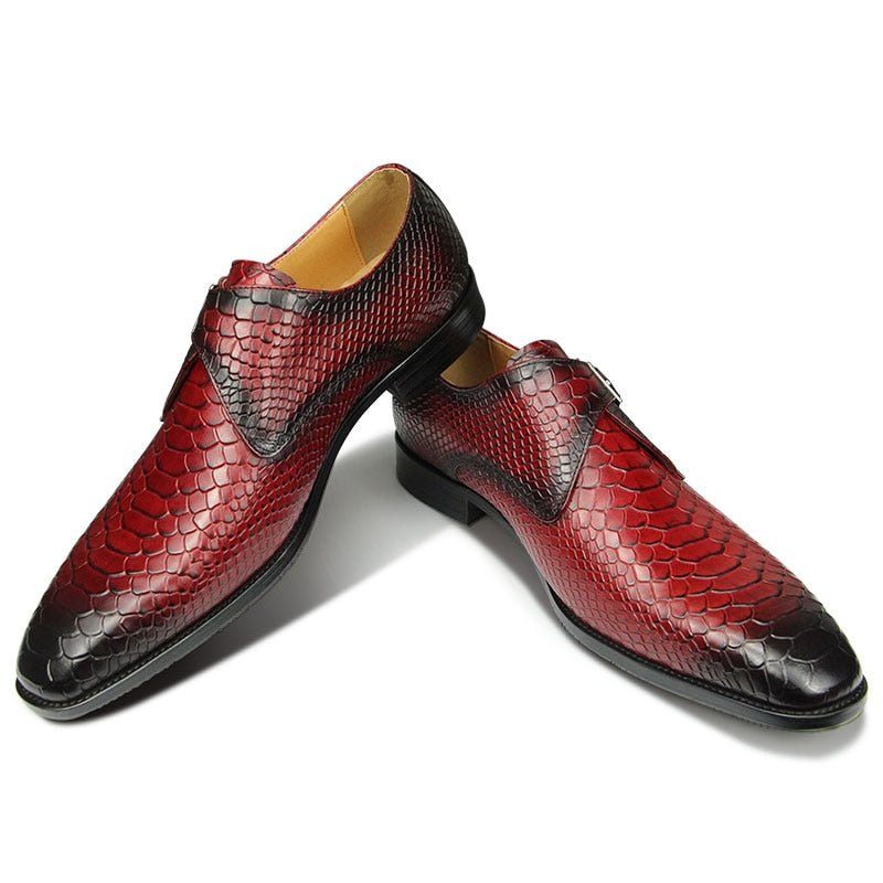 Męskie Buty Wizytowe Z Teksturą Krokodyla I Szpiczastymi Noskami Monkstrap - Czerwony