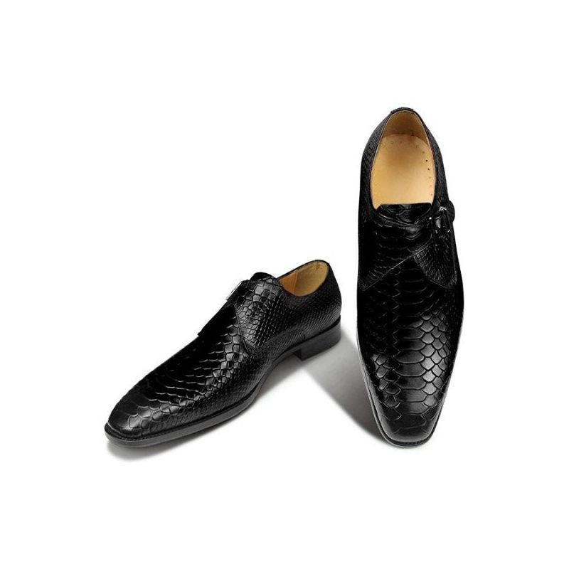 Męskie Buty Wizytowe Z Teksturą Krokodyla I Szpiczastymi Noskami Monkstrap - Czarny