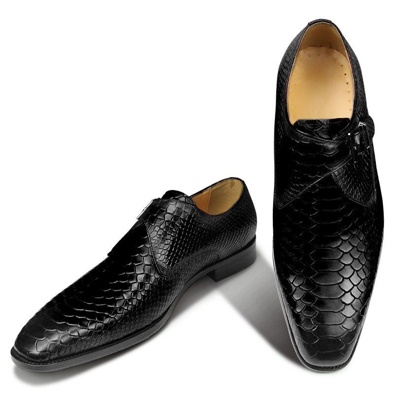 Męskie Buty Wizytowe Z Teksturą Krokodyla I Szpiczastymi Noskami Monkstrap - Czarny