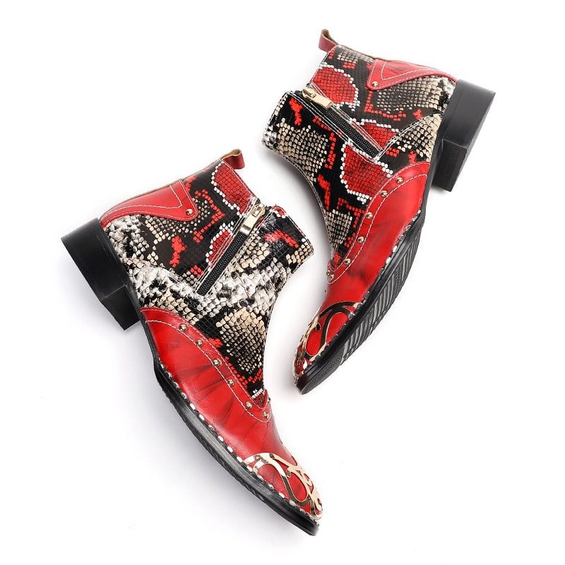 Męskie Buty Ze Skóry Węża Eleganckie Mokasyny Na Kwadratowym Obcasie - Czerwony