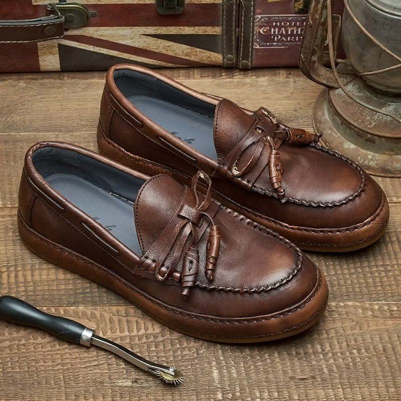Męskie Mokasyny Luksusowe Eleganckie Buty Wsuwane Ze Skóry Bydlęcej Z Frędzlami - Kawa