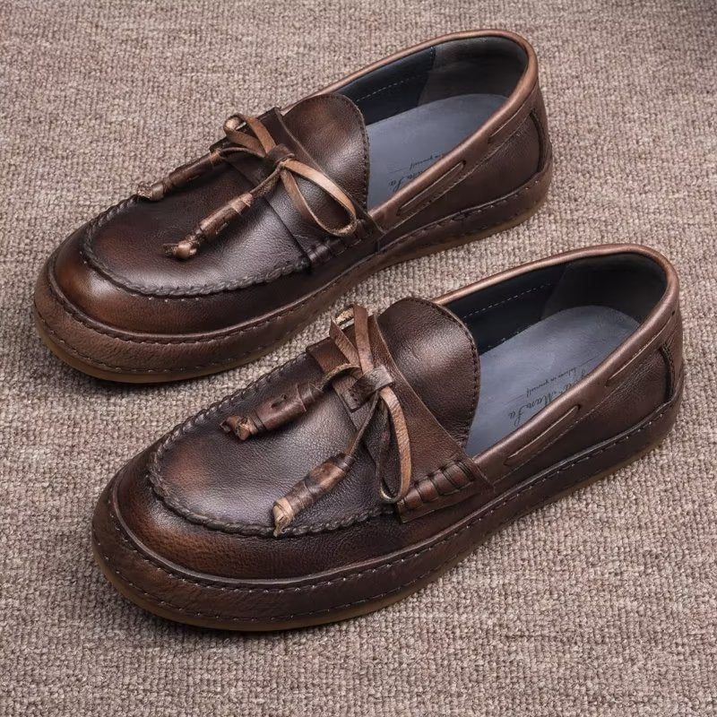 Męskie Mokasyny Luksusowe Eleganckie Buty Wsuwane Ze Skóry Bydlęcej Z Frędzlami - Kawa