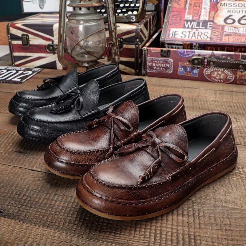 Męskie Mokasyny Luksusowe Eleganckie Buty Wsuwane Ze Skóry Bydlęcej Z Frędzlami - Kawa