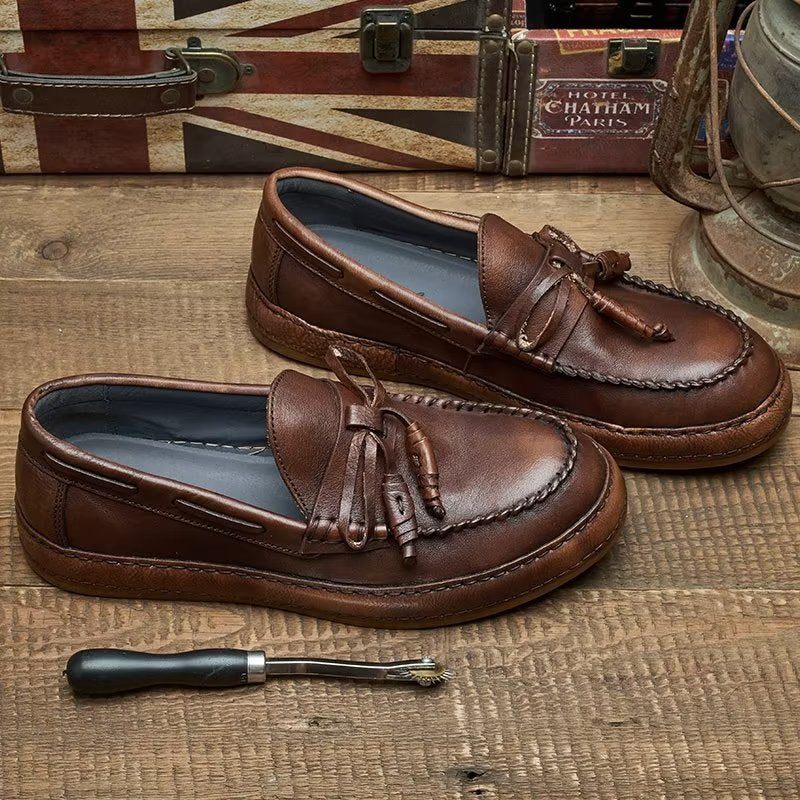 Męskie Mokasyny Luksusowe Eleganckie Buty Wsuwane Ze Skóry Bydlęcej Z Frędzlami - Kawa