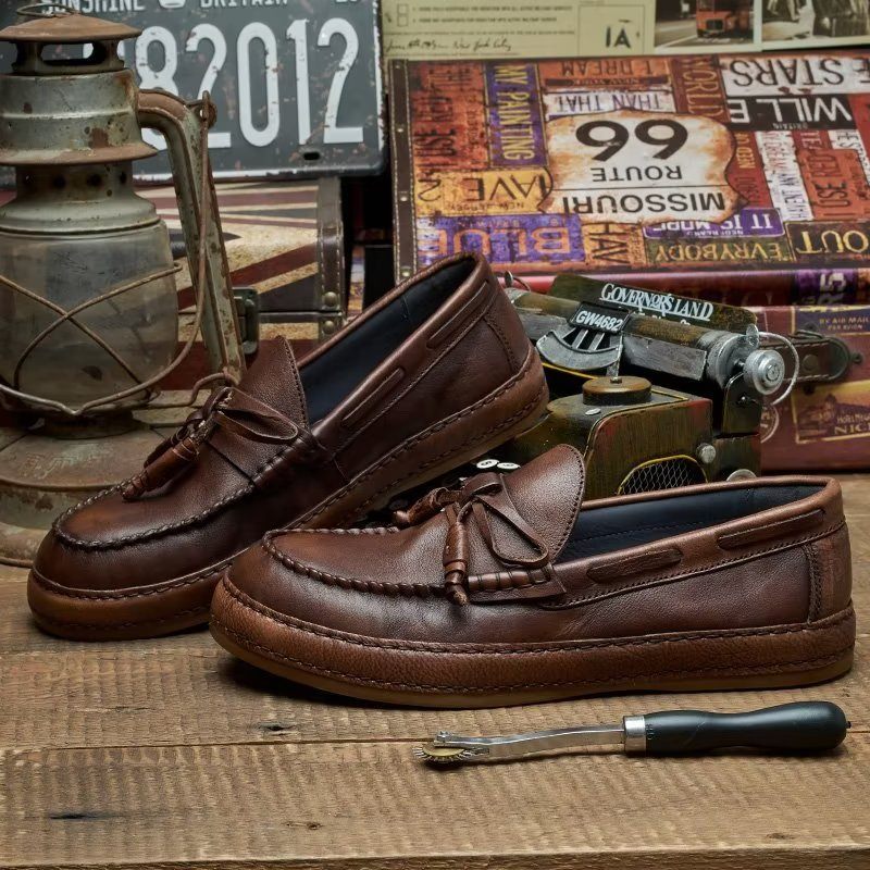 Męskie Mokasyny Luksusowe Eleganckie Buty Wsuwane Ze Skóry Bydlęcej Z Frędzlami - Kawa