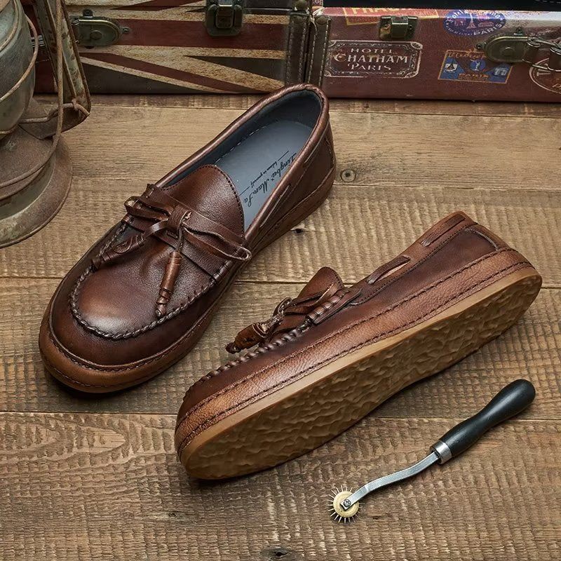 Męskie Mokasyny Luksusowe Eleganckie Buty Wsuwane Ze Skóry Bydlęcej Z Frędzlami - Kawa