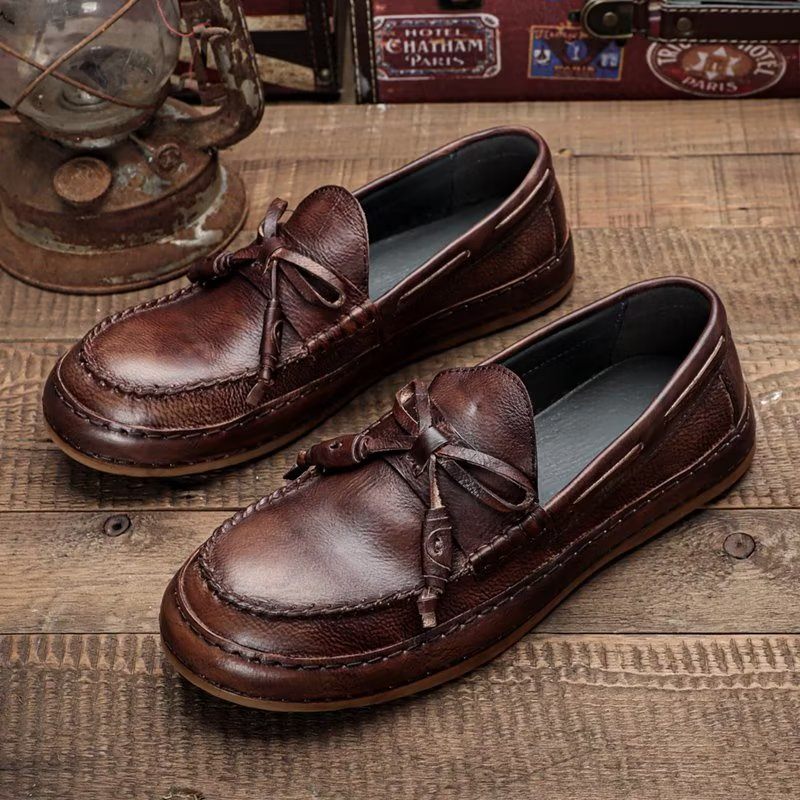 Męskie Mokasyny Luksusowe Eleganckie Buty Wsuwane Ze Skóry Bydlęcej Z Frędzlami - Kawa
