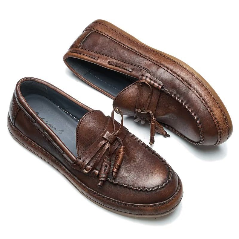Męskie Mokasyny Luksusowe Eleganckie Buty Wsuwane Ze Skóry Bydlęcej Z Frędzlami - Kawa