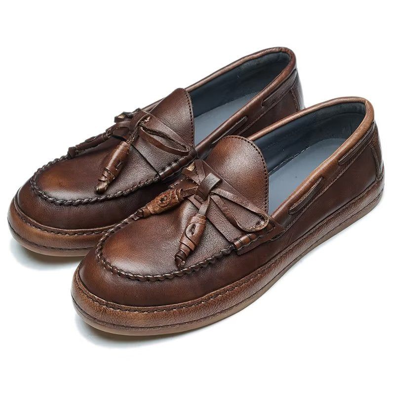 Męskie Mokasyny Luksusowe Eleganckie Buty Wsuwane Ze Skóry Bydlęcej Z Frędzlami - Kawa