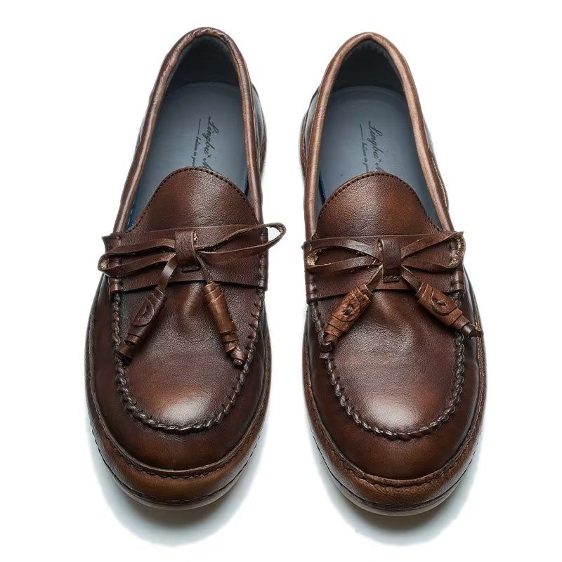 Męskie Mokasyny Luksusowe Eleganckie Buty Wsuwane Ze Skóry Bydlęcej Z Frędzlami - Kawa