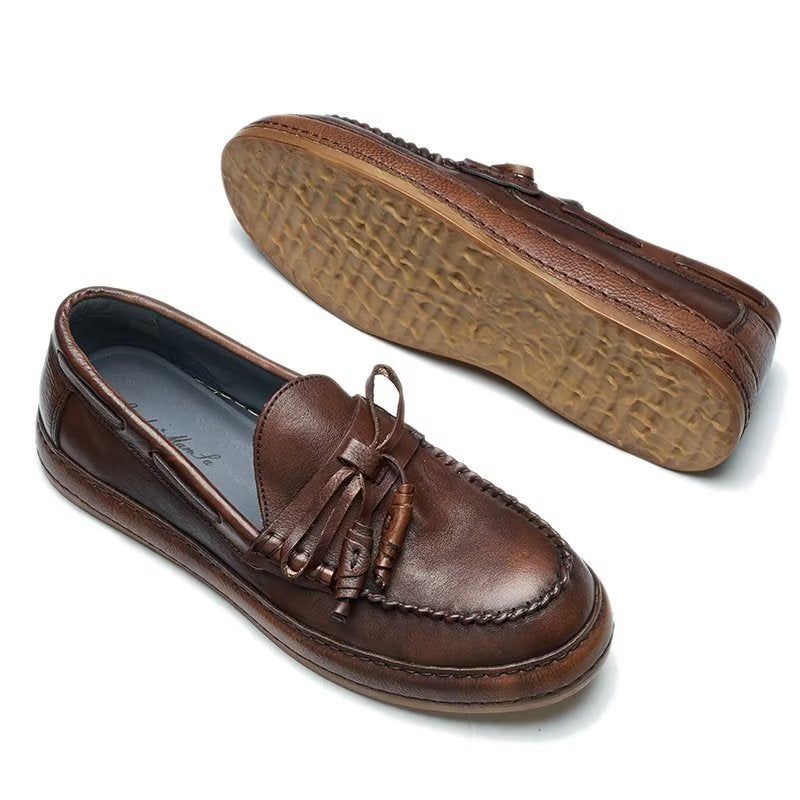 Męskie Mokasyny Luksusowe Eleganckie Buty Wsuwane Ze Skóry Bydlęcej Z Frędzlami - Kawa