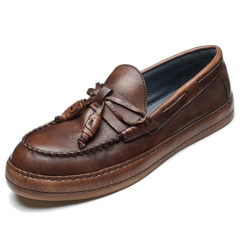 Męskie Mokasyny Luksusowe Eleganckie Buty Wsuwane Ze Skóry Bydlęcej Z Frędzlami - Kawa