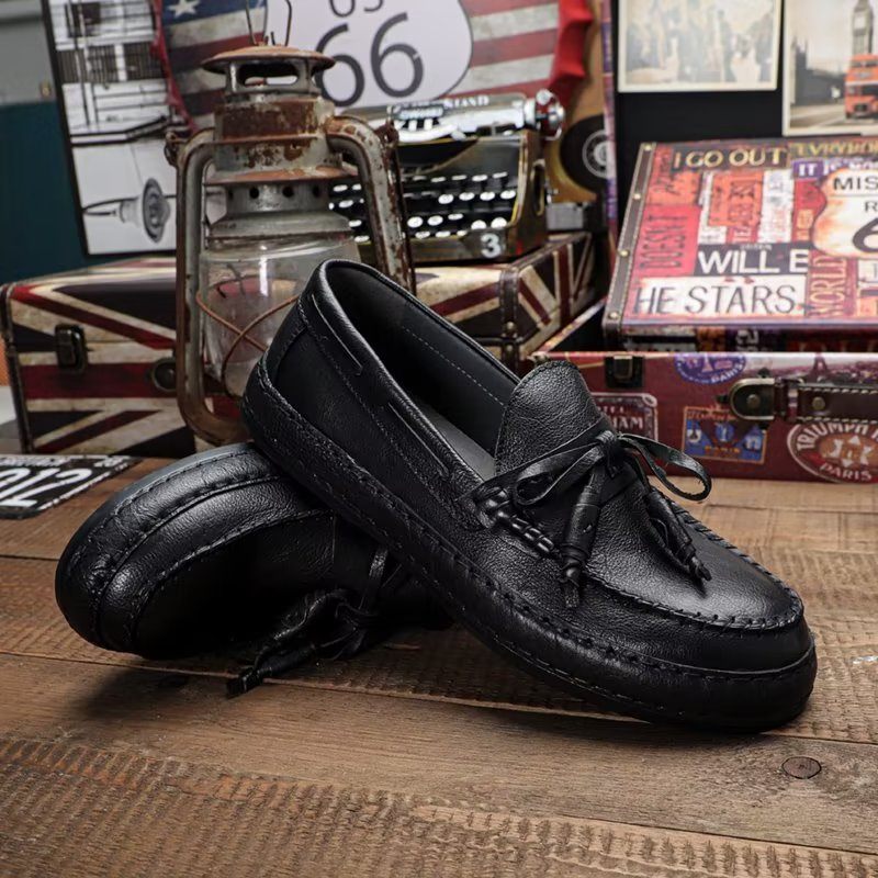 Męskie Mokasyny Luksusowe Eleganckie Buty Wsuwane Ze Skóry Bydlęcej Z Frędzlami - Czarna