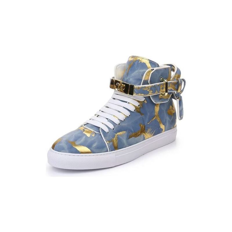 Męskie Trampki Urban Graffiti Chic Wysokie Buty Ze Skóry Bydlęcej - Niebieski