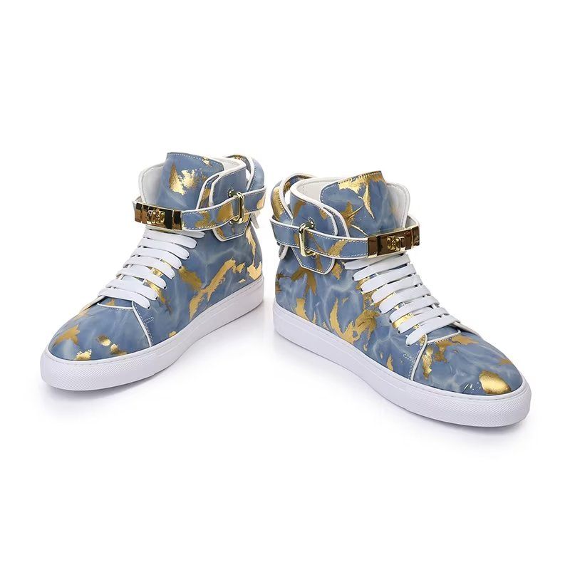 Męskie Trampki Urban Graffiti Chic Wysokie Buty Ze Skóry Bydlęcej - Niebieski