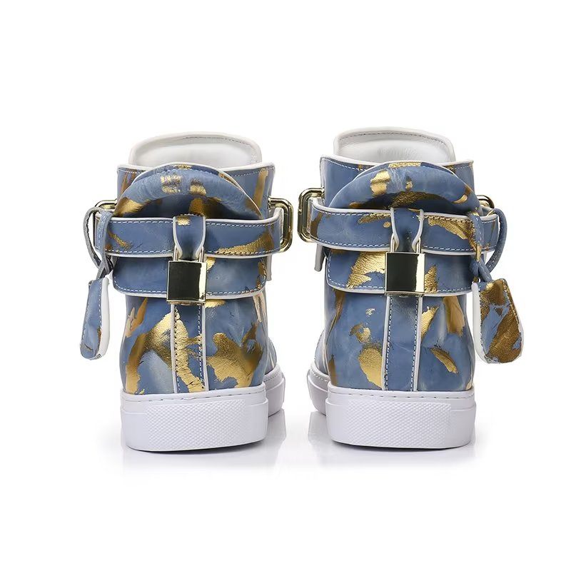Męskie Trampki Urban Graffiti Chic Wysokie Buty Ze Skóry Bydlęcej - Niebieski