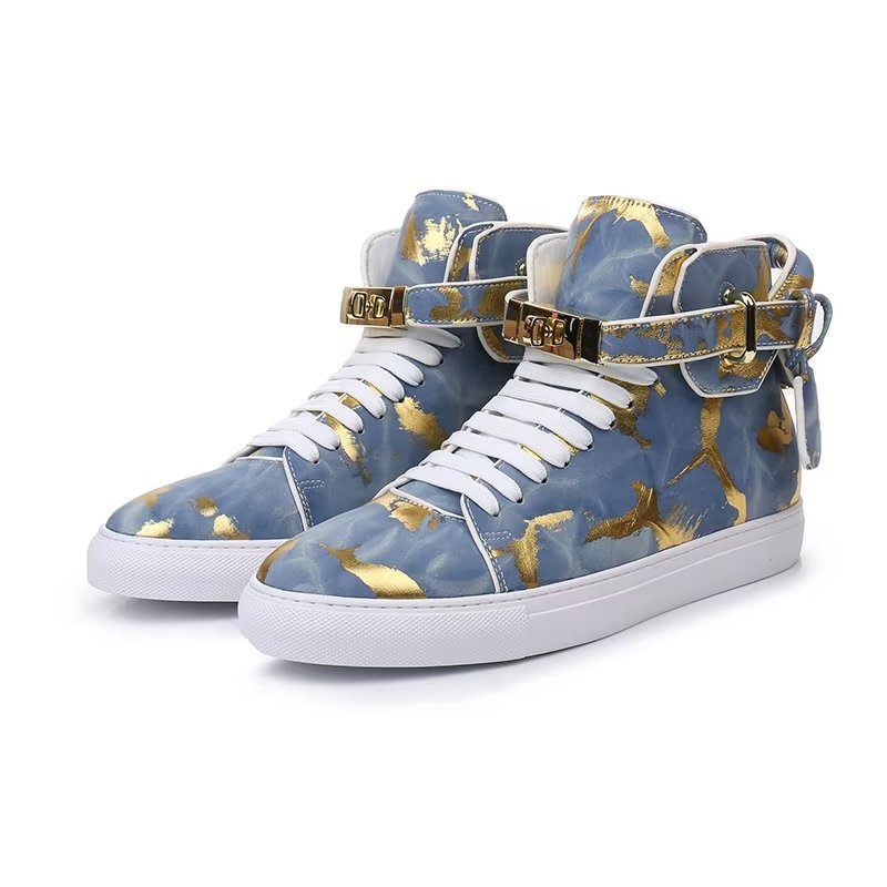Męskie Trampki Urban Graffiti Chic Wysokie Buty Ze Skóry Bydlęcej - Niebieski