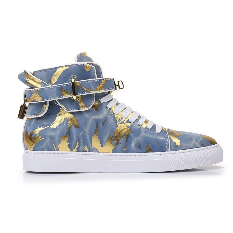 Męskie Trampki Urban Graffiti Chic Wysokie Buty Ze Skóry Bydlęcej - Niebieski