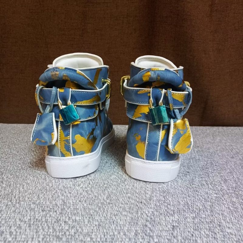 Męskie Trampki Urban Graffiti Chic Wysokie Buty Ze Skóry Bydlęcej - Niebieski