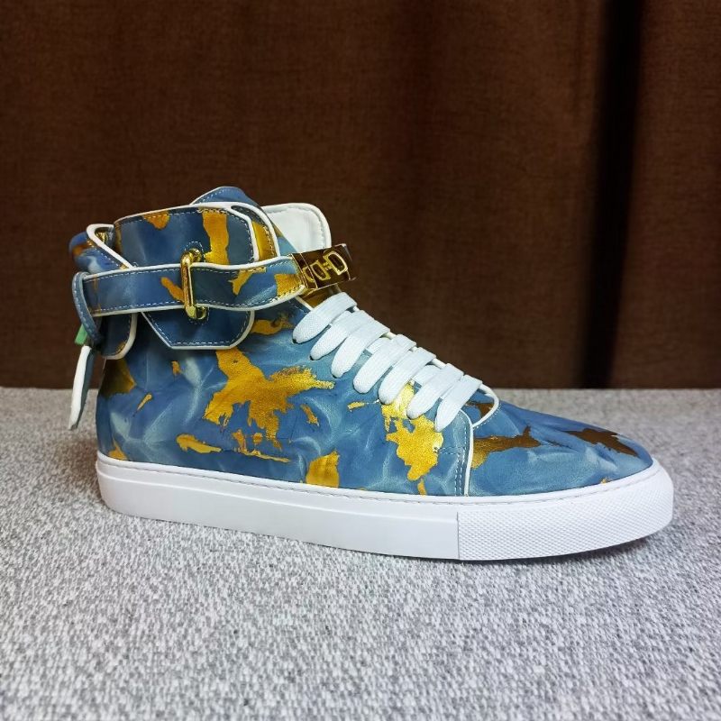 Męskie Trampki Urban Graffiti Chic Wysokie Buty Ze Skóry Bydlęcej - Niebieski