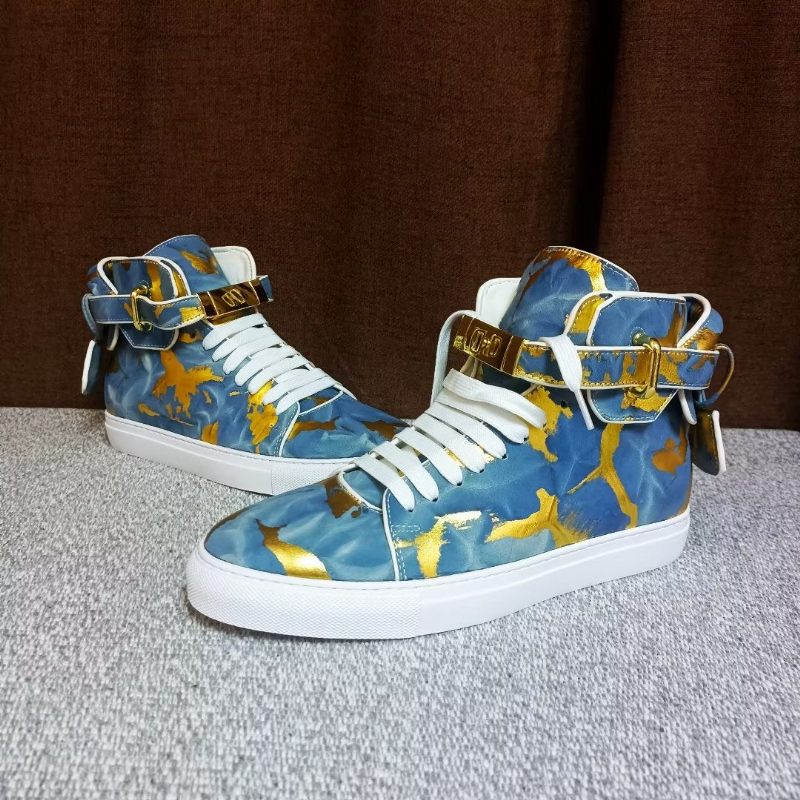 Męskie Trampki Urban Graffiti Chic Wysokie Buty Ze Skóry Bydlęcej - Niebieski