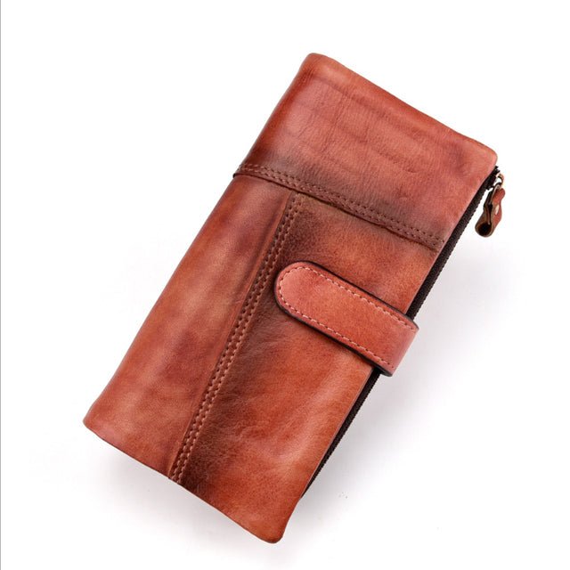 Portfele Męskie Luksusowy Długi Portfel Skórzany W Stylu Vintage Z Rfid - Czerwony