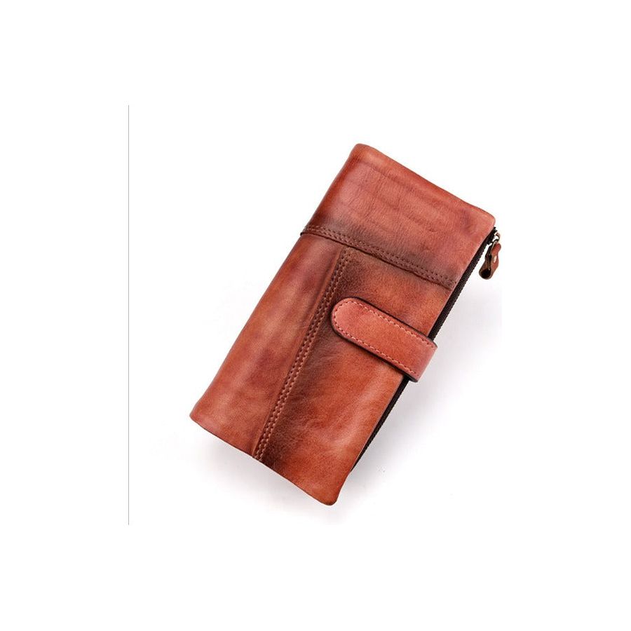Portfele Męskie Luksusowy Długi Portfel Skórzany W Stylu Vintage Z Rfid - Czerwony