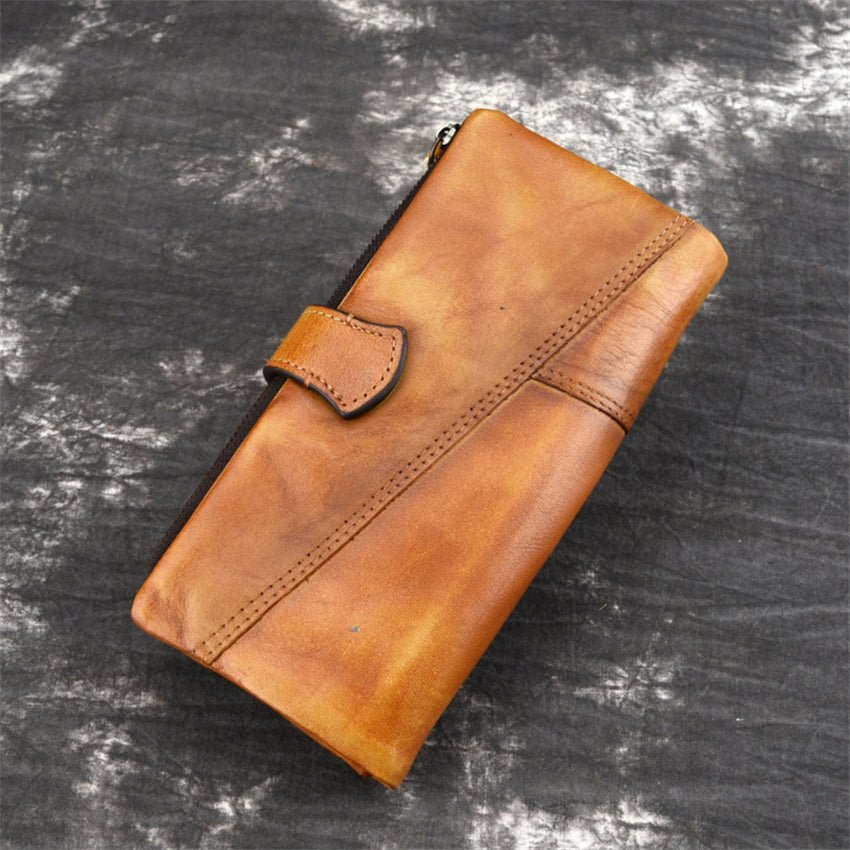Portfele Męskie Luksusowy Długi Portfel Skórzany W Stylu Vintage Z Rfid - Żółty