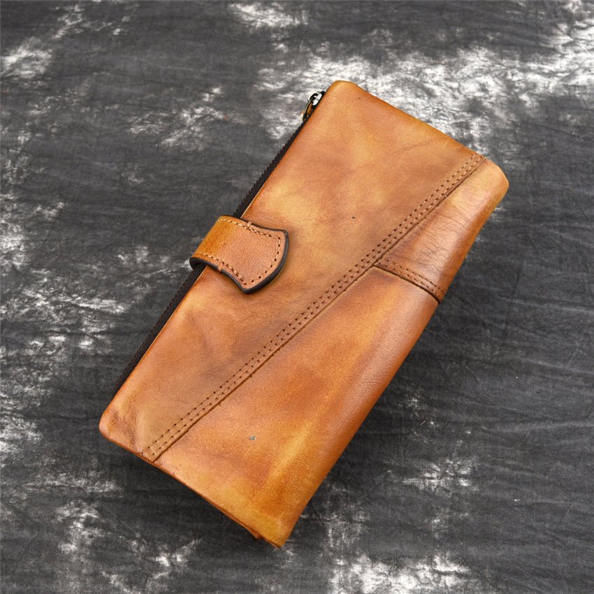 Portfele Męskie Luksusowy Długi Portfel Skórzany W Stylu Vintage Z Rfid - Żółty