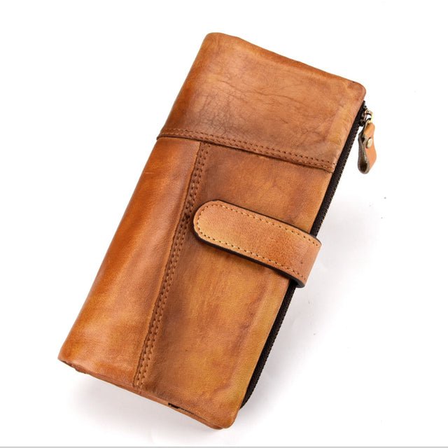 Portfele Męskie Luksusowy Długi Portfel Skórzany W Stylu Vintage Z Rfid - Żółty
