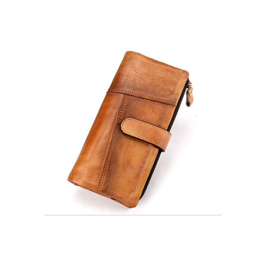 Portfele Męskie Luksusowy Długi Portfel Skórzany W Stylu Vintage Z Rfid - Żółty