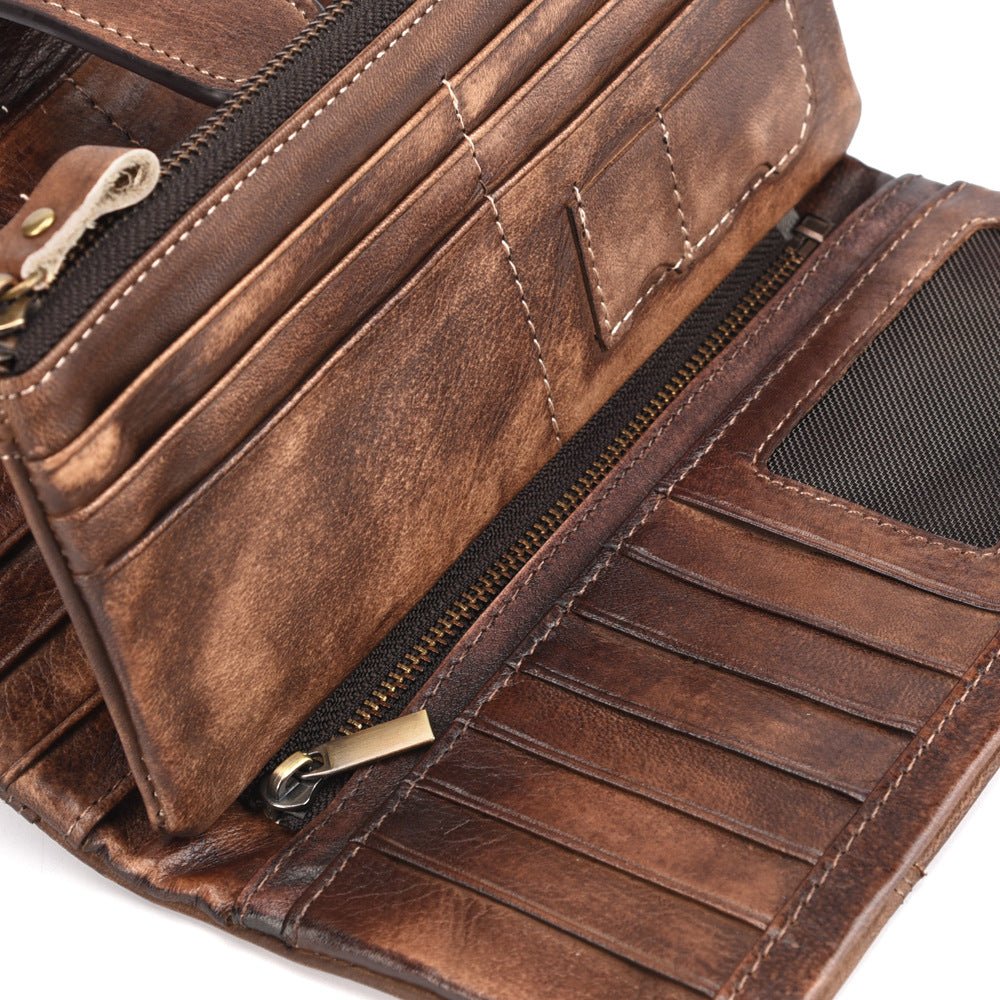 Portfele Męskie Luksusowy Długi Portfel Skórzany W Stylu Vintage Z Rfid - Kawa