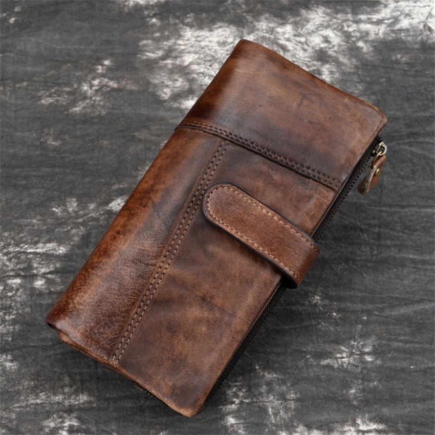 Portfele Męskie Luksusowy Długi Portfel Skórzany W Stylu Vintage Z Rfid - Kawa